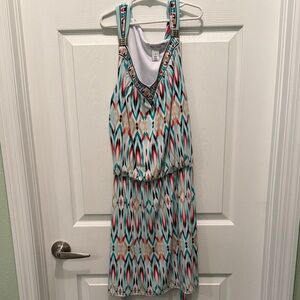 White House Black Market Teal and Coral Geometric Midi Dress